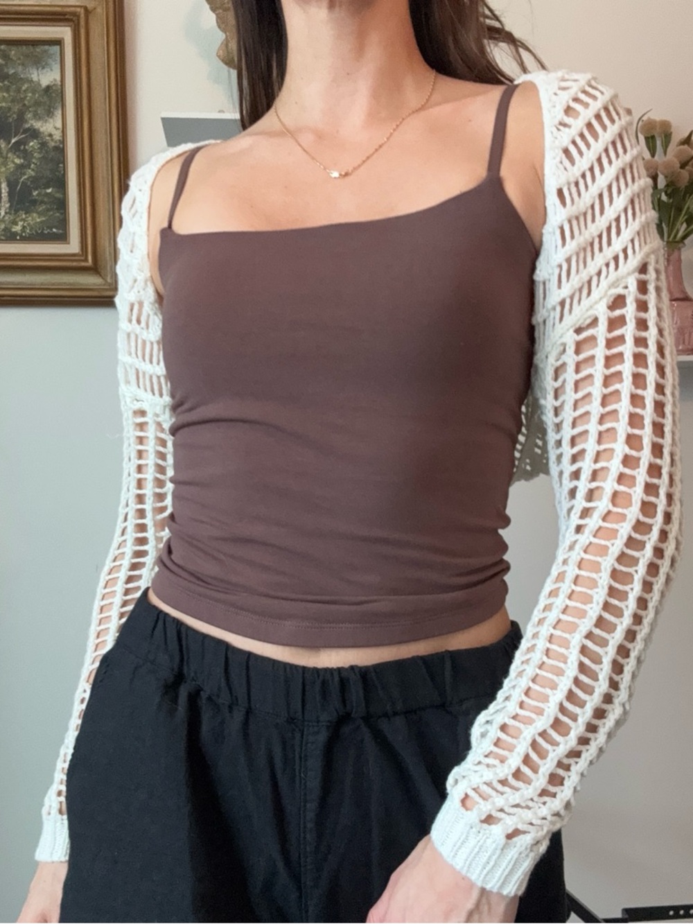 Women's cream open knit cardigan bolero arms only open front